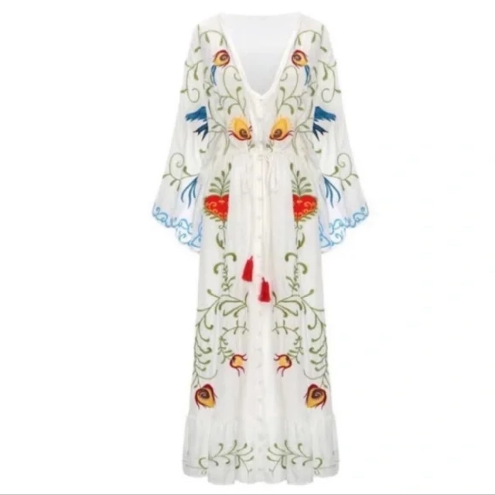 Boho Embroidered Hearts Floral Birds Long Maxi Kimono Dress - Picture 15 of 16